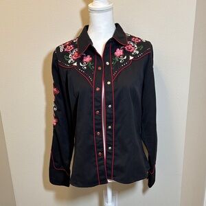 Scully Black Western Button-Down Shirt with Pink Floral Embroidery
